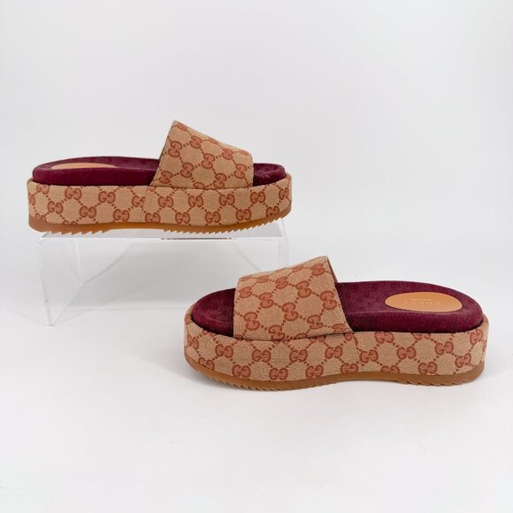 Gucci Angelina Beige GG Logo Canvas Platform Slide Sandals Size 38 US 8 Women's - Picture 10 of 15